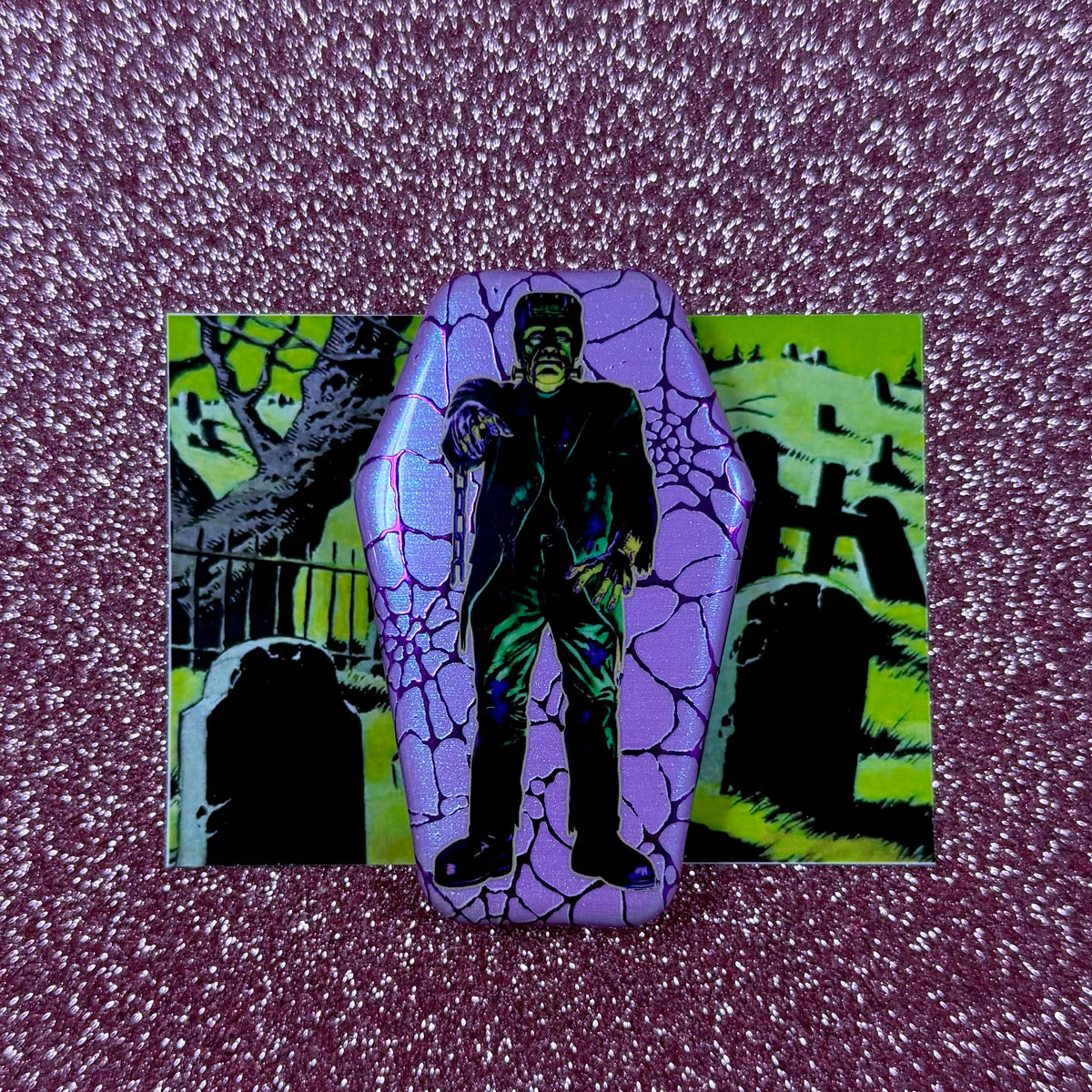 Glitter Foil Frankenstein 3' Coffin Button